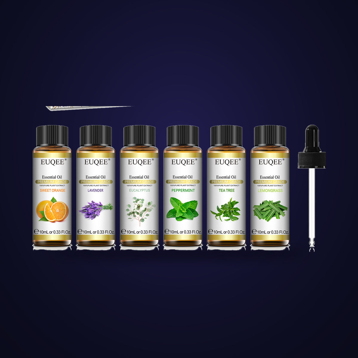 Los seis frascos: naranja, lavanda, eucalipto, menta, árbol de té y hierba limón