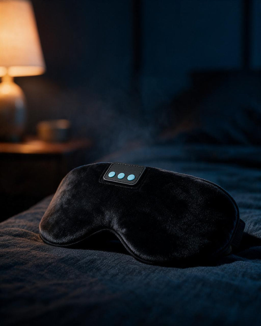 Antifaz Novarela de terciopelo negro sobre la cama, con luz cálida de noche