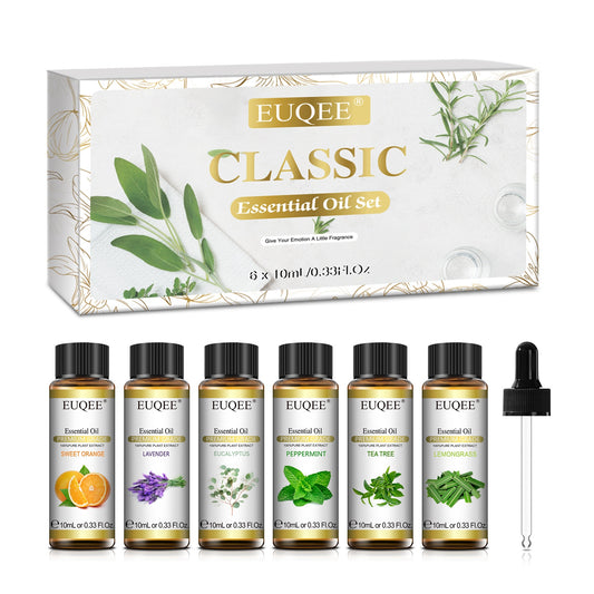 Set de 6 aceites esenciales Novarela con su caja y el cuentagotas