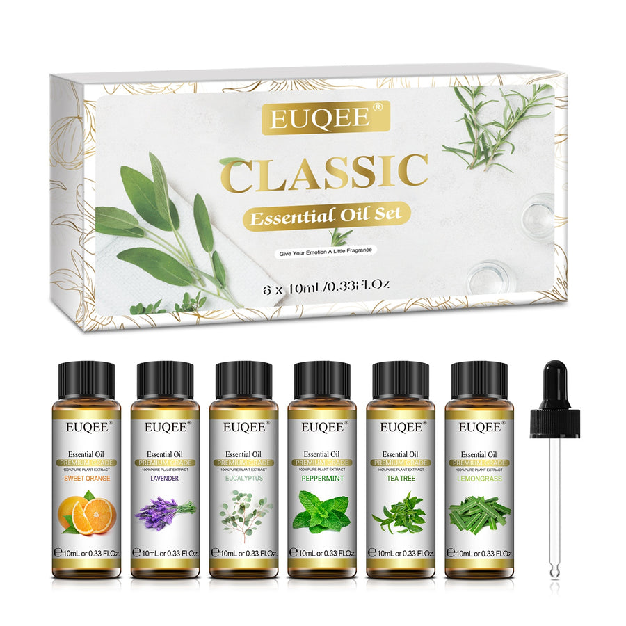 Set de 6 aceites esenciales Novarela con su caja y el cuentagotas