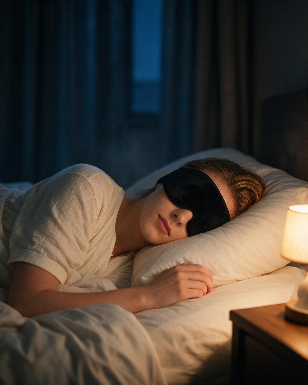 Mujer durmiendo de lado con el antifaz Novarela puesto